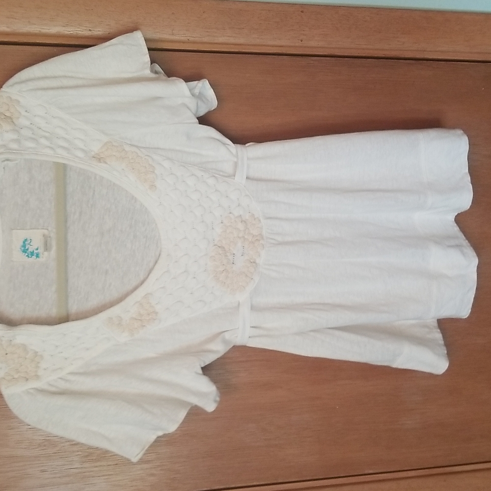 Anthropologie C Keer Ivory Embroidered Shirt Top Sz Medium